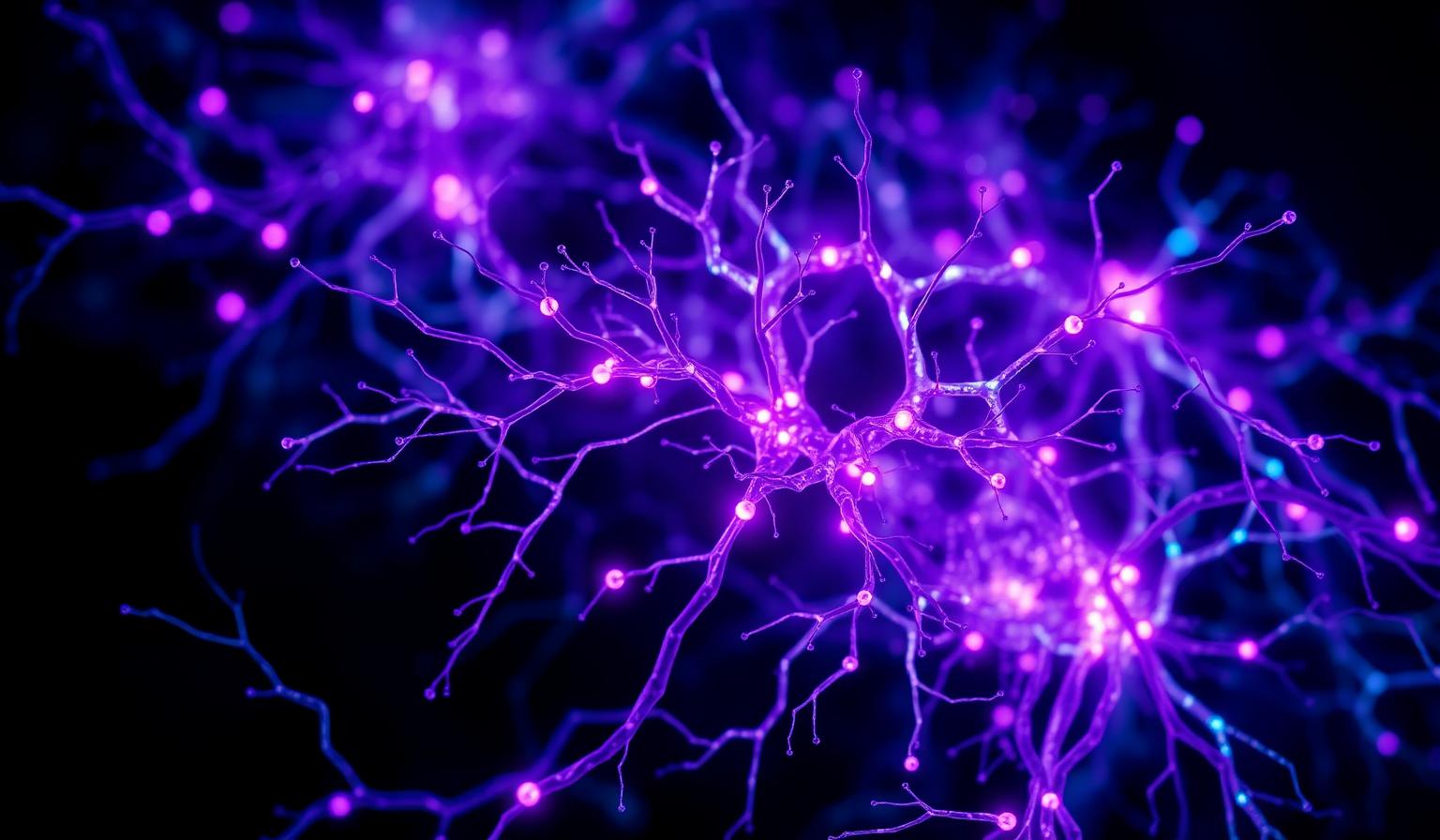 Glowing purple neural network with synapses rewiring on a dark background