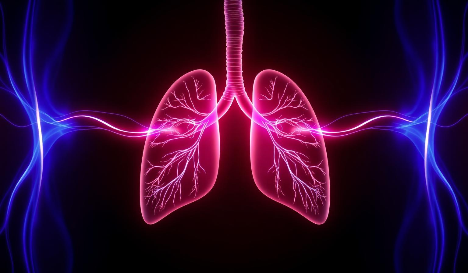 Glowing lungs with breath as ribbons of light on a dark background