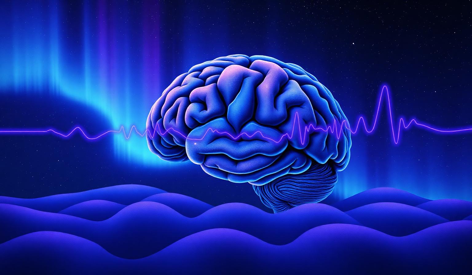 Illustration of a sleeping brain with aurora and brainwave patterns